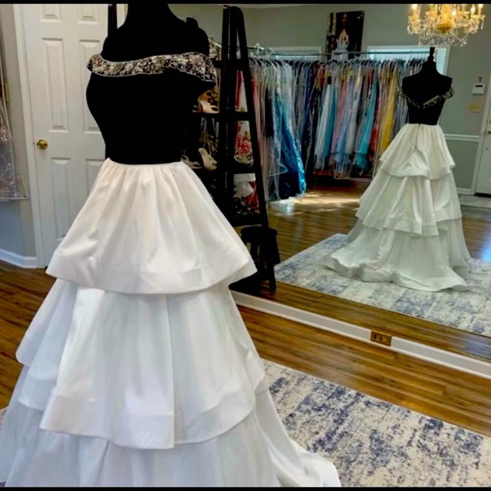 Sherri Hill White Ball Gown with Embellished Black Off-Shoulder Bodice